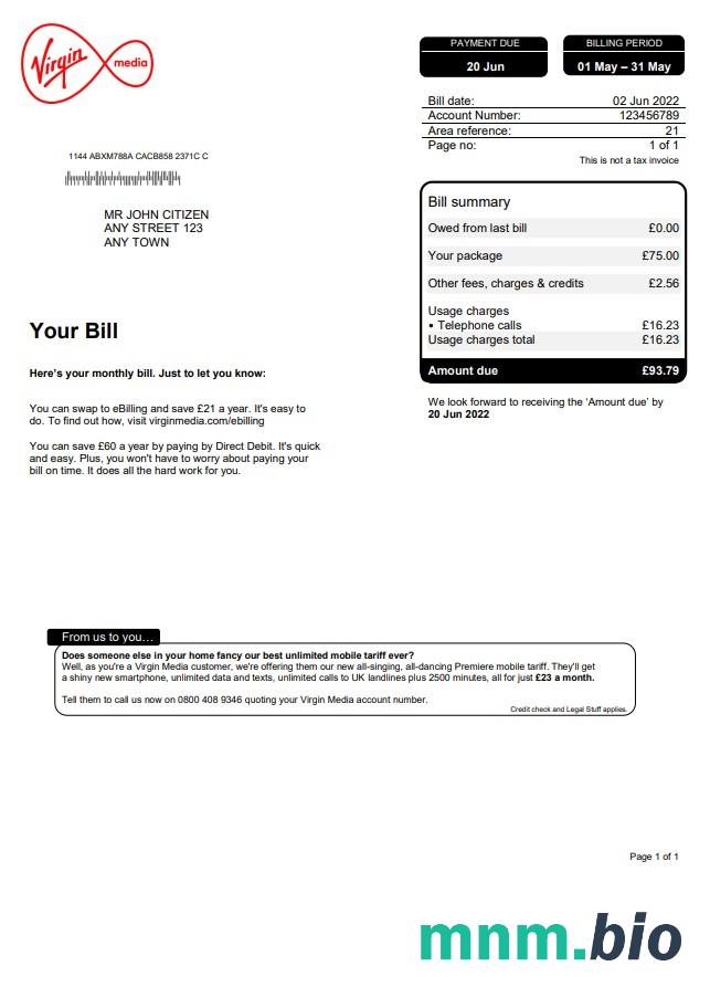 Wielka Brytania Virgin Media rachunek za media, Word i PDF szablon